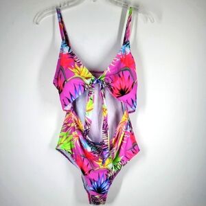 Vibrant Tropical Floral Cutout One Piece Swimsuit 10/12